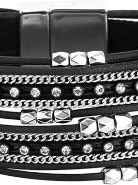 New Black Goth Leather Wrap Bracelet Multi-Layer Rhinestone Punk Jewelry
